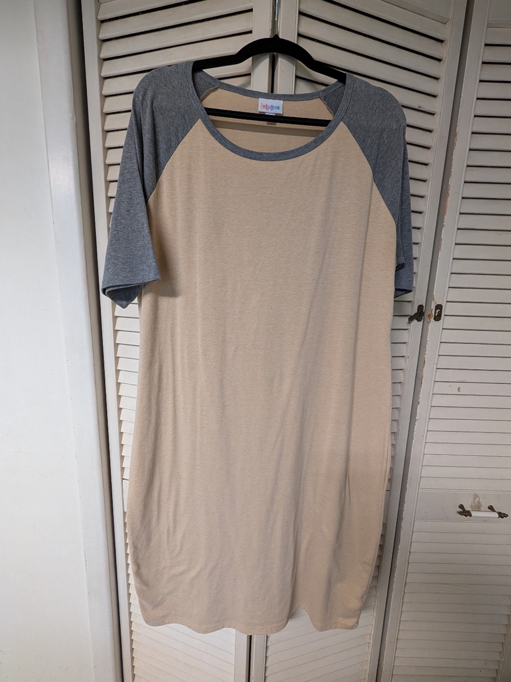 LuLaRoe Julia Beige Dress with Gray Raglan Sleeves